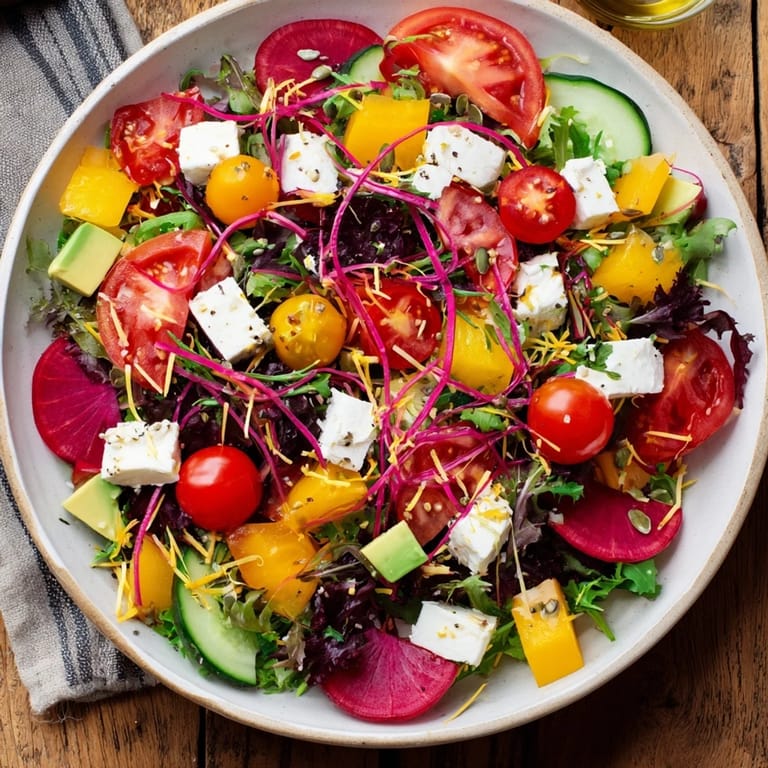 A beautiful, chaotic arrangement of an Abstract Expressionist Splash salad, perfect for a light lunch.