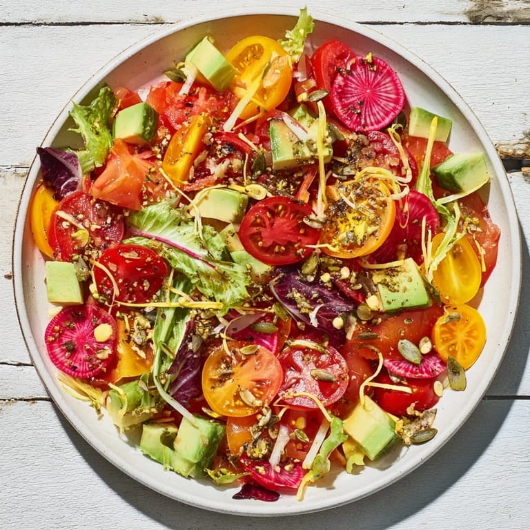 Fresh ingredients scattered across greens in an Abstract Expressionist Splash salad, ready to be dressed and served.