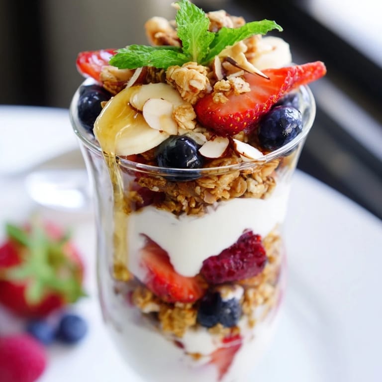 A close-up of a Yogurt and Granola Parfait shows each delicious, wholesome component: yogurt, fruit, and granola.