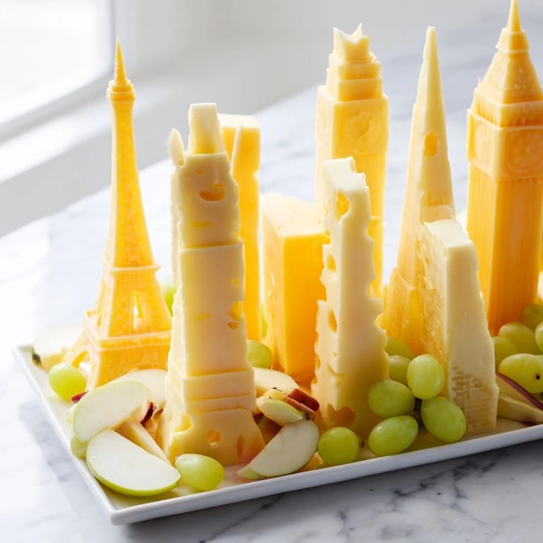 Enjoy this creative Skyline Silhouette cheese platter, an appetizer with detailed cheese skyscrapers.