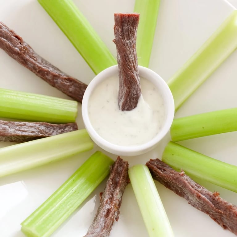 Crisp celery and meat stick spokes form a delightful Rustic Wheel appetizer for easy party snacking.
