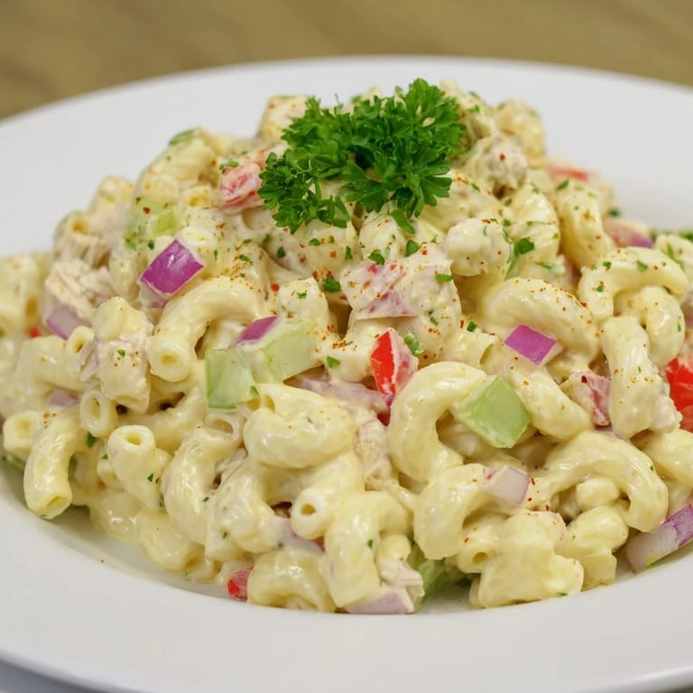 Golden macaroni in a Chicken Macaroni Holiday Salad, tossed with a tangy relish dressing for gatherings.