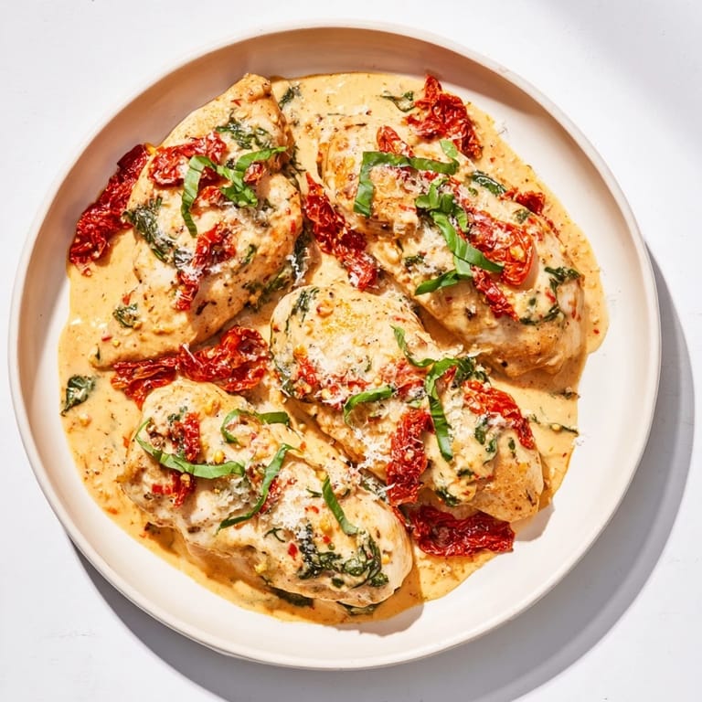 Golden-brown chicken breasts in a Creamy Sun-Dried Tomato Chicken Skillet, garnished with fresh basil and Parmesan.