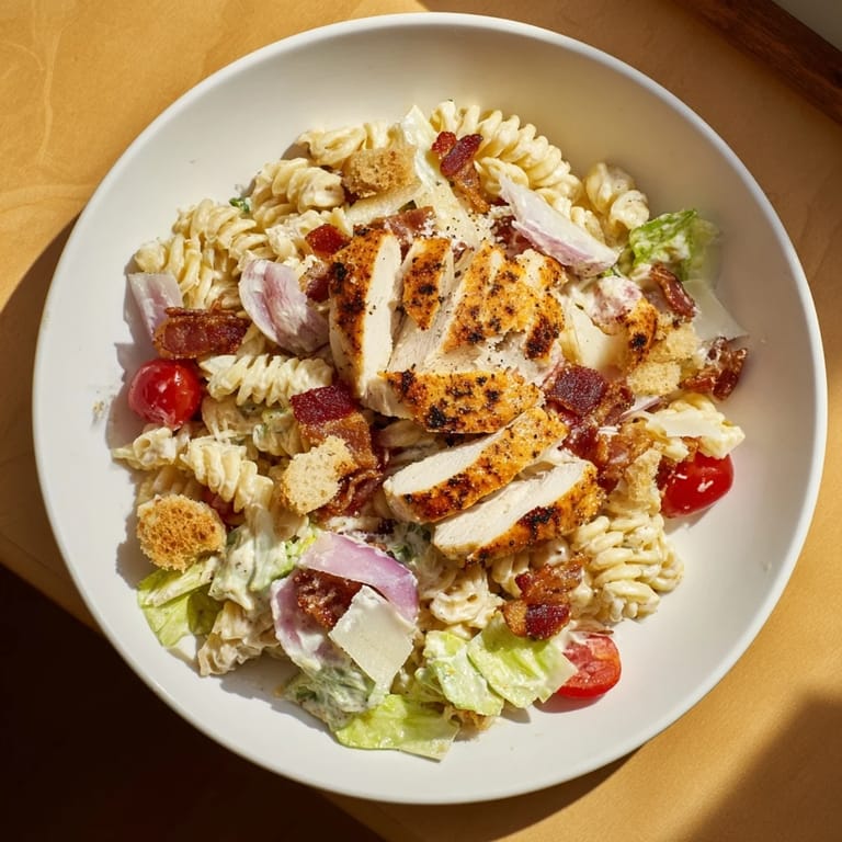 This Chicken Caesar Pasta Salad showcases tender chicken and crisp bacon beautifully tossed in Caesar dressing.
