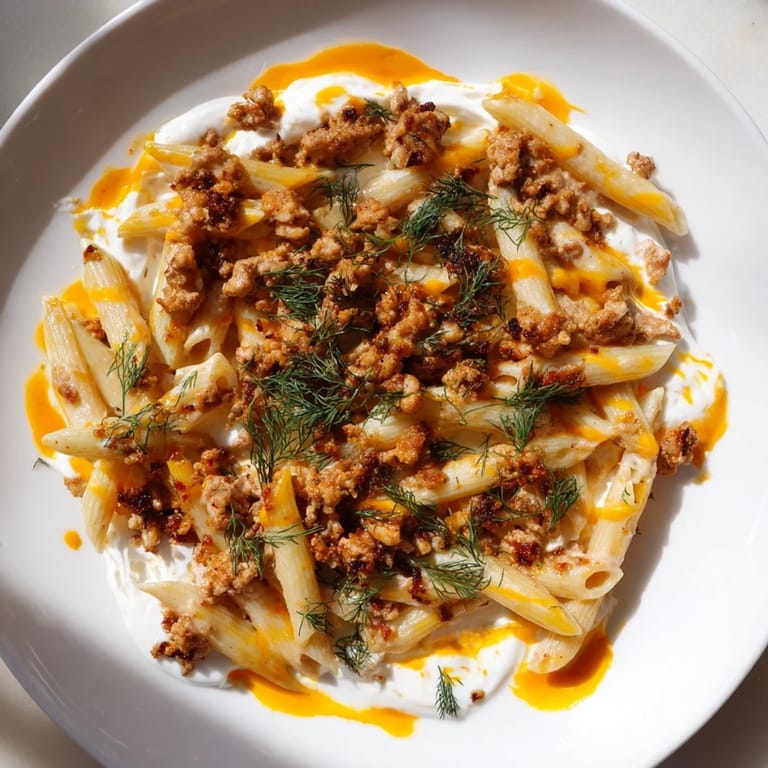 Imagine the aroma: Turkish Pasta with Ground Turkey with a creamy yogurt sauce and a finishing drizzle of paprika butter.
