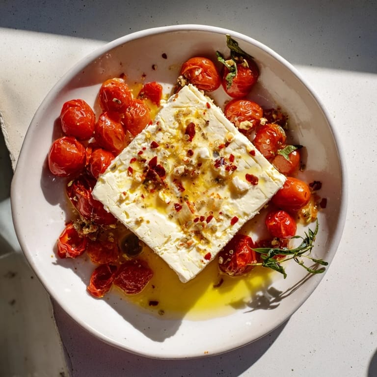 This comforting Baked Feta 2.0 is bubbling hot, showing a delicious Mediterranean main course ready to be enjoyed.