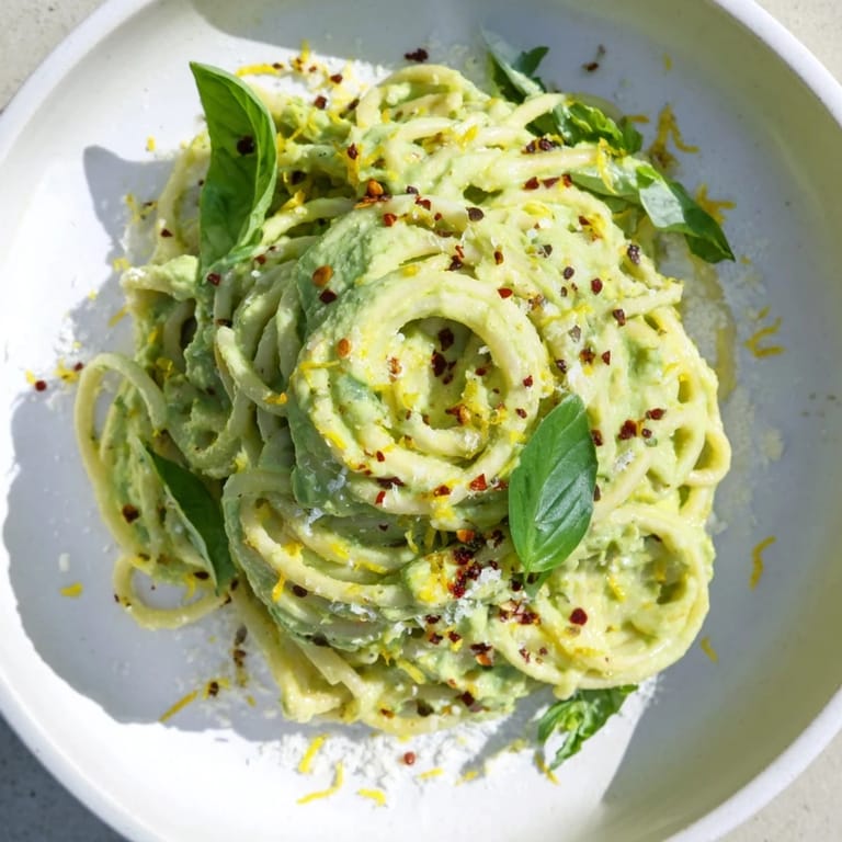 Enjoy a plate of flavorful Creamy Avocado Pasta featuring a vibrant, healthy, vegetarian dinner.