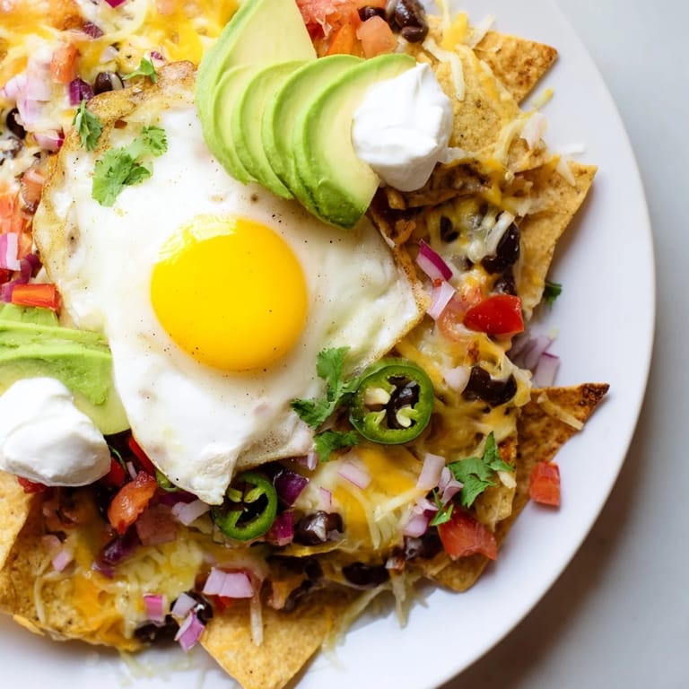 Imagine crispy chips piled high with savory ingredients, finished with perfectly cooked eggs atop these breakfast nachos.
