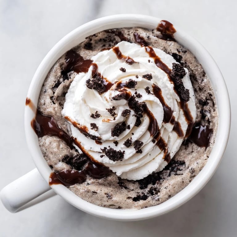 A close-up of a delightful Oreo Mug Cake, topped with whipped cream and crushed cookies.