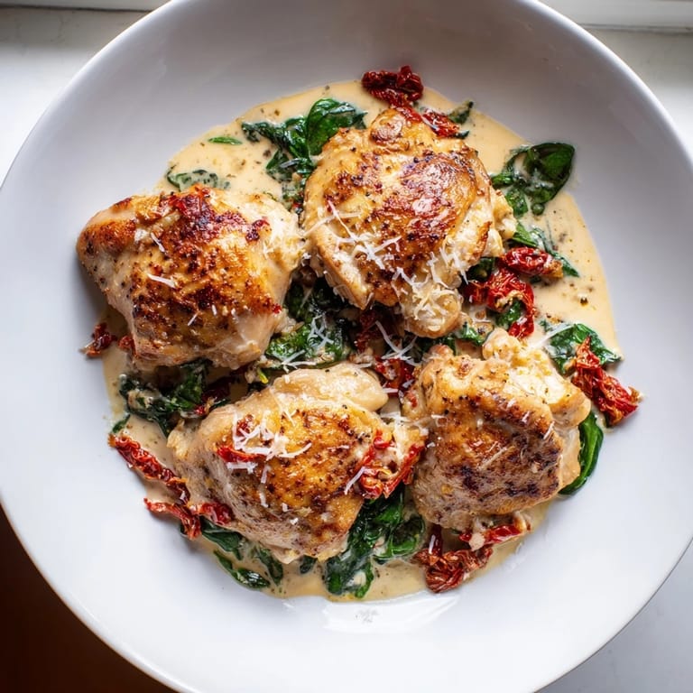 This creamy Tuscan Chicken features tender chicken, vibrant spinach, and bubbling Parmesan cheese in a skillet.