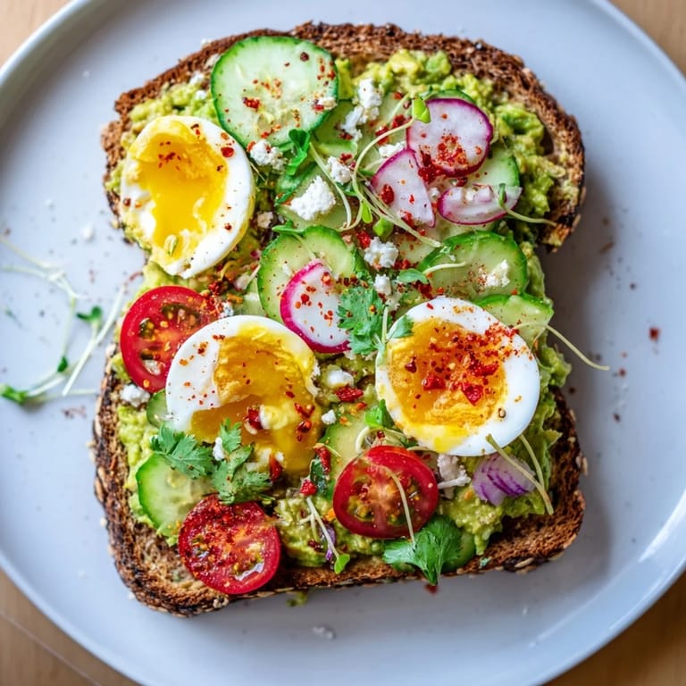 Vibrant Loaded Avocado Toast: toasted bread piled high with avocado, feta, and colorful, fresh tomato slices.