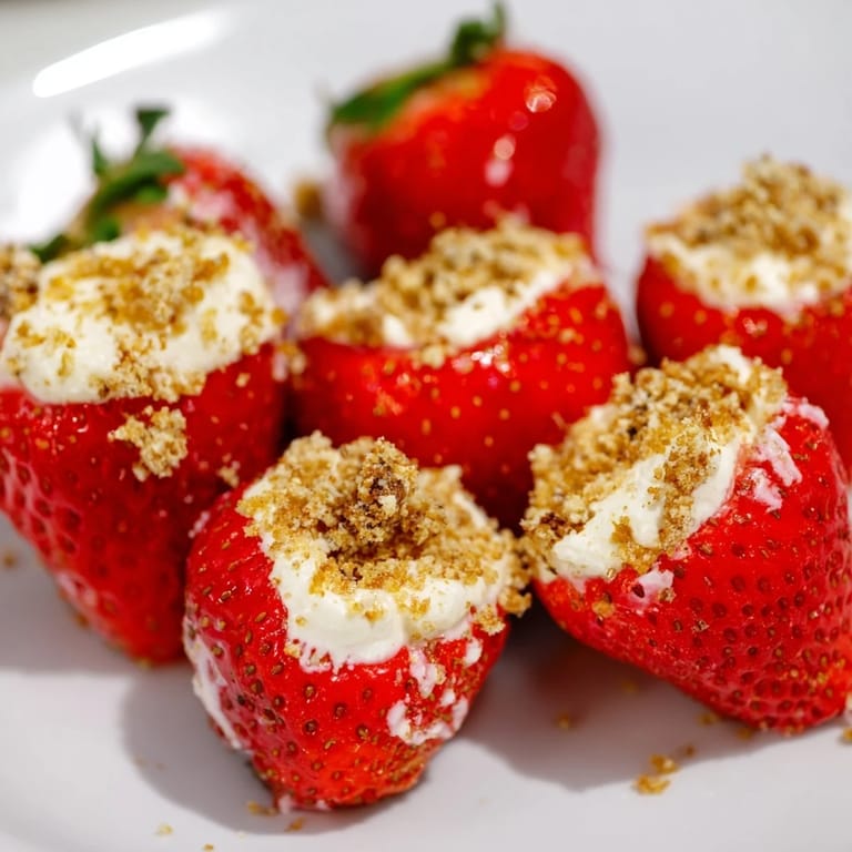 A close-up shot of decadent Cheesecake Stuffed Strawberries, perfectly portioned for sweet bite-sized treats.