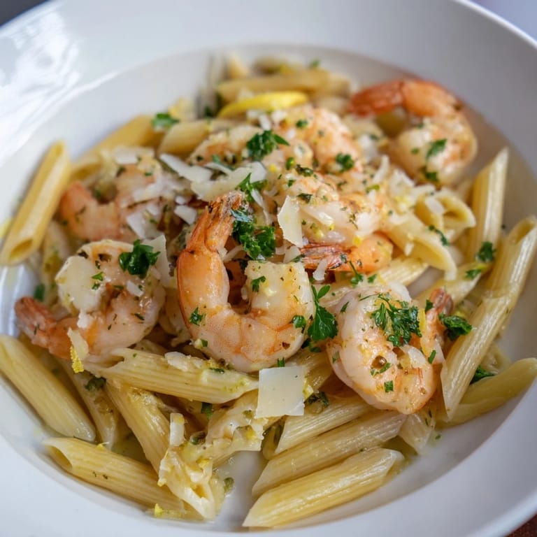 Vibrant image of garlic shrimp penne; the shrimp are pink, resting on the pasta with Parmesan sprinkled on top.