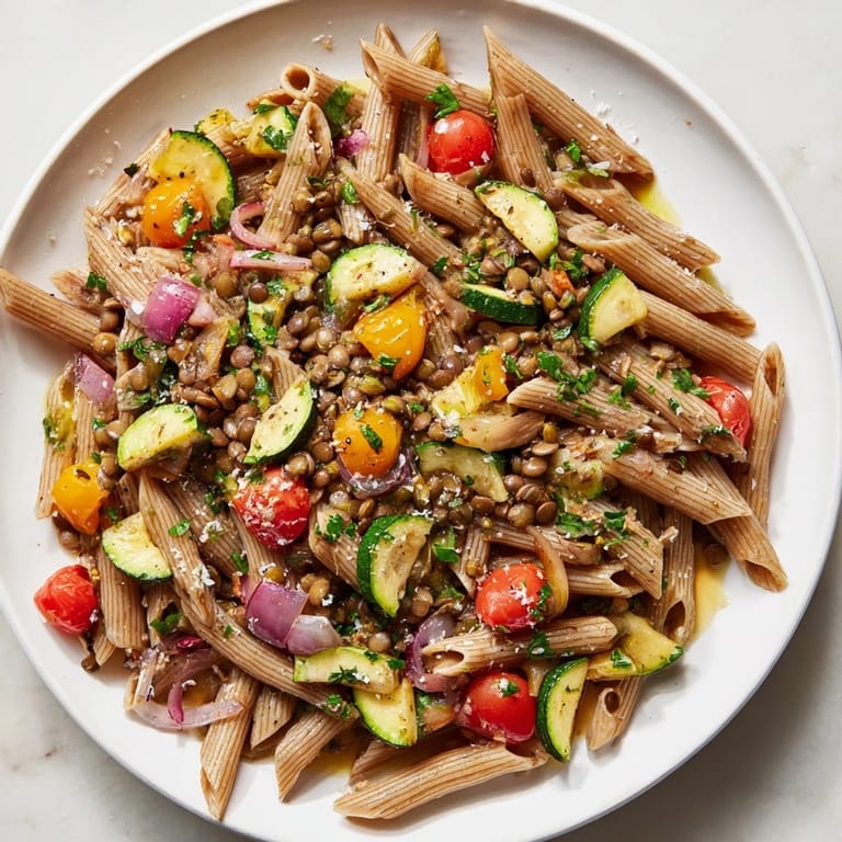 Golden, roasted vegetables mingle with lentil pasta, promising a flavorful, aromatic Mediterranean experience.