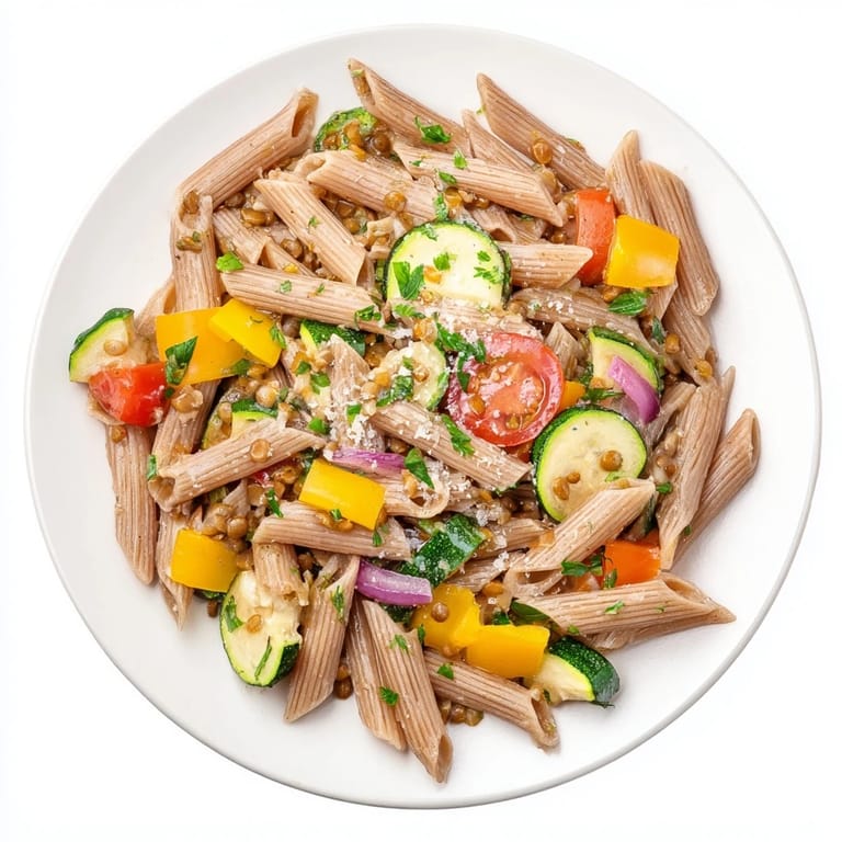 A bowl of delicious lentil pasta with vegetables, perfect for a hearty and healthy vegetarian meal.