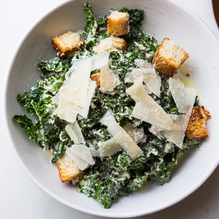A close-up of a vibrant Kale Caesar Salad with shaved Parmesan and golden croutons on top.