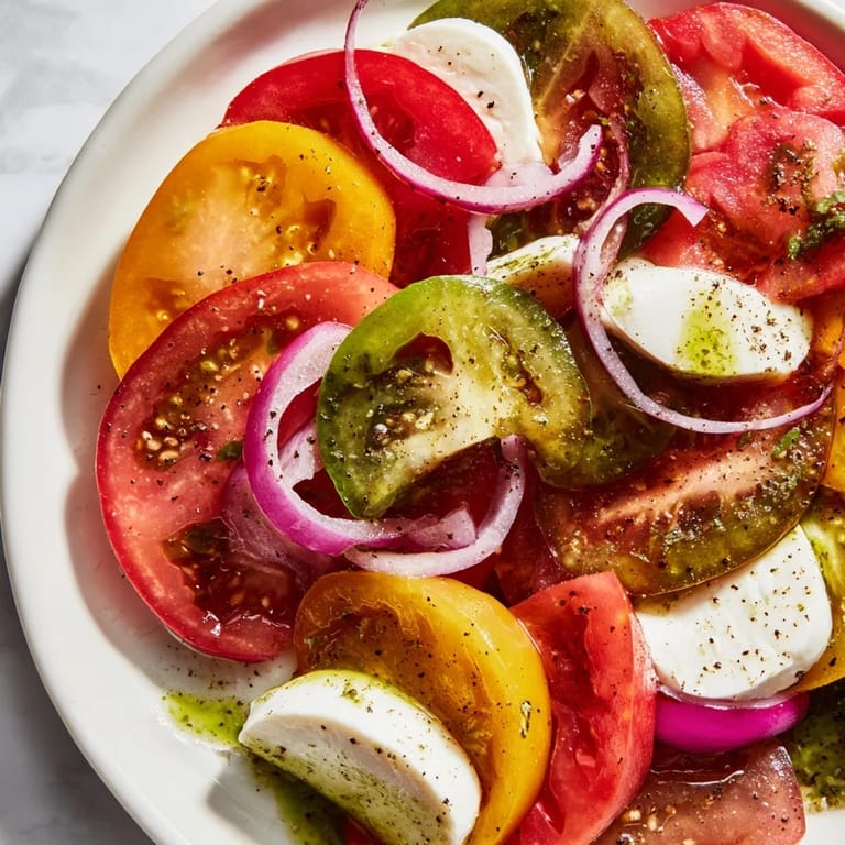 Heirloom tomatoes and mozzarella combine in a refreshing Summer Tomato Salad, drizzled with basil oil.