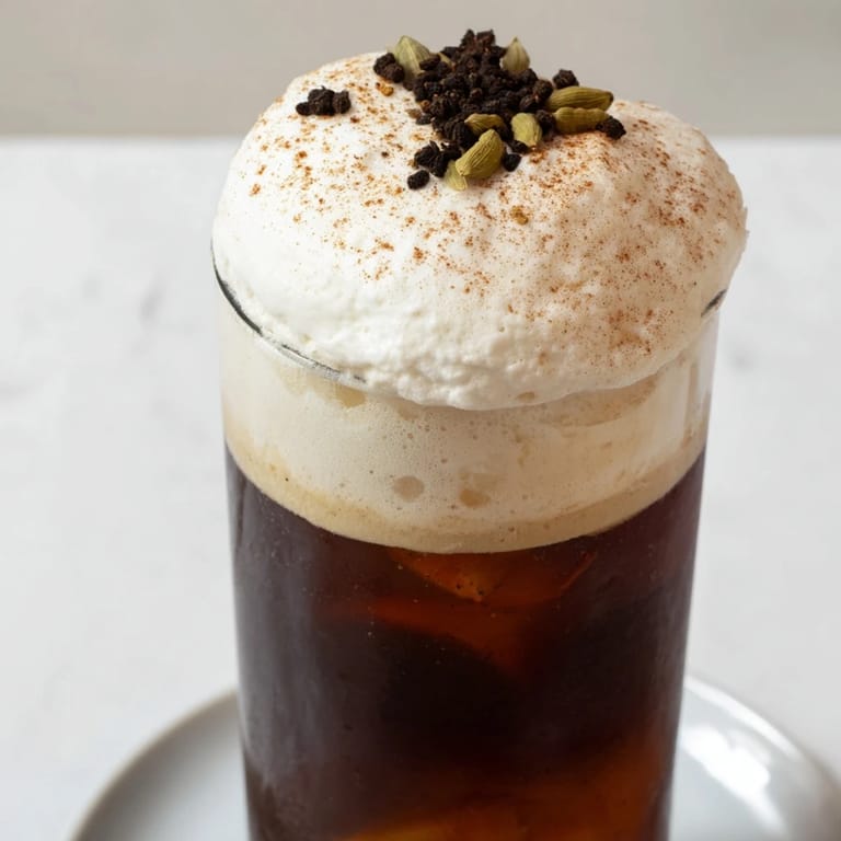 Delicious Homemade Iced Chai, a flavorful, Indian-inspired beverage, ready to enjoy with a dusting of cinnamon and that delightful cold foam.