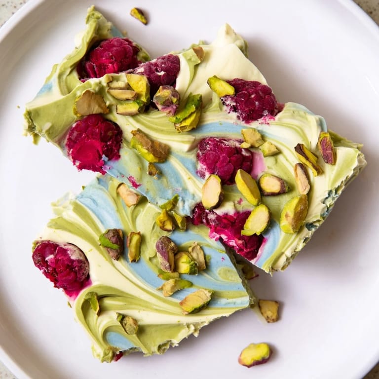 Enjoy a refreshing bite: homemade frozen yogurt bark with vibrant berry swirls and crunchy pistachios.