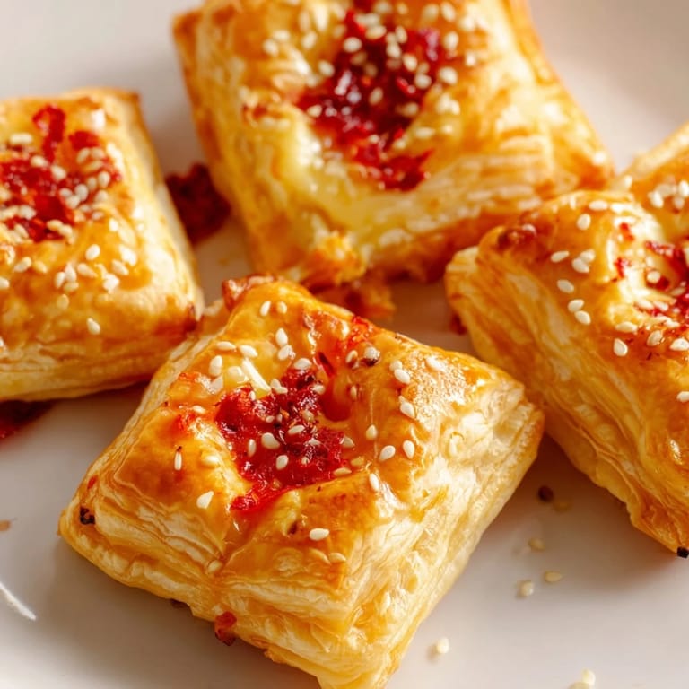 Close-up of baked Chili Crisp Honey Brie Bites, showing creamy Brie and a spicy, glistening sauce.