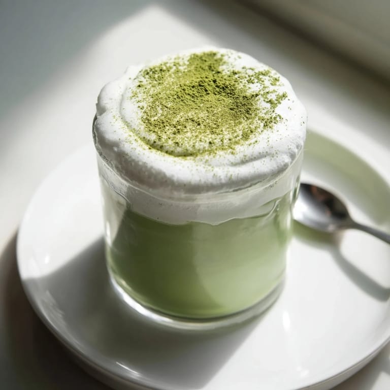 Bright green creamy matcha latte, frothy and inviting, resting in a clear glass, ready to enjoy.