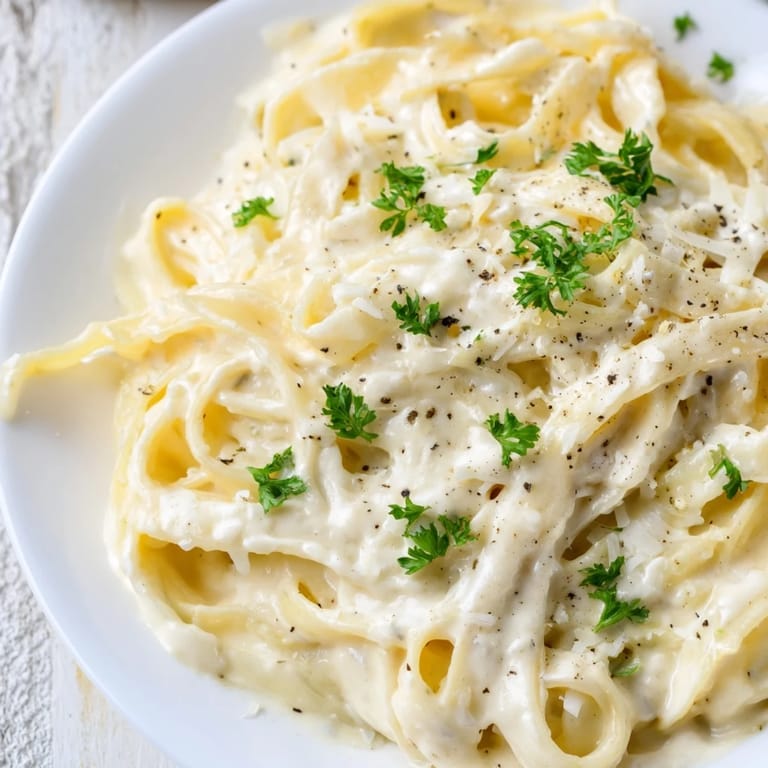 Freshly made Cottage Cheese Alfredo Sauce being poured over pasta, a quick and easy Italian meal.