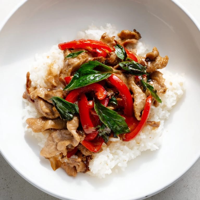 Aromatic, sizzling Thai Basil Chicken Bowls topped with vibrant red peppers and fragrant holy basil.