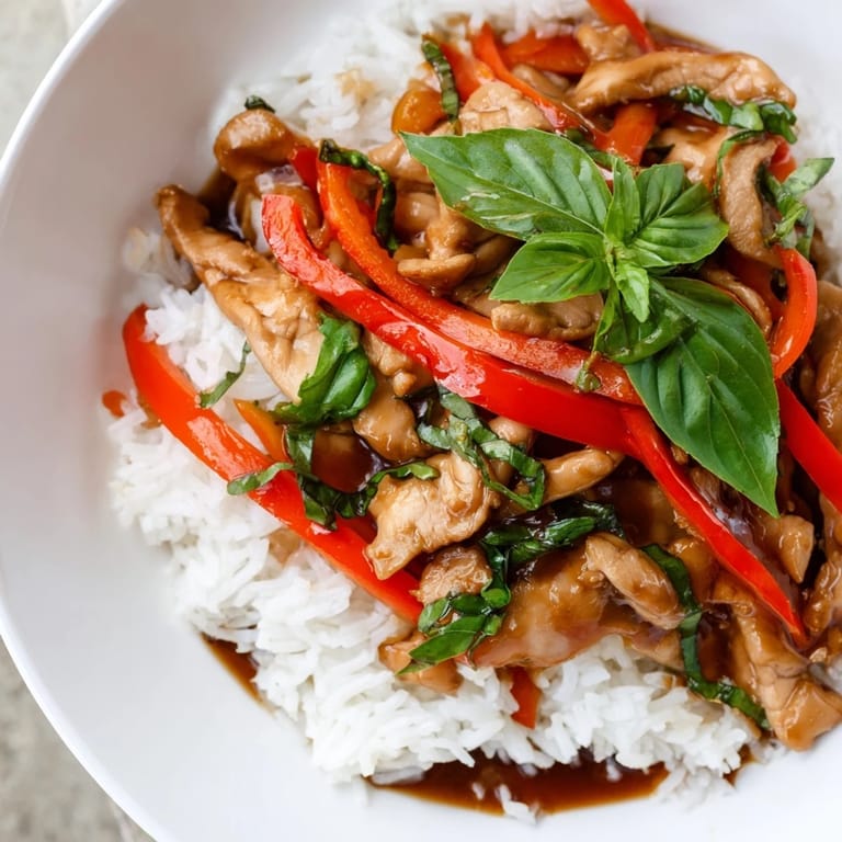 Enjoy a delicious and easy weeknight meal: savory Thai Basil Chicken Bowls over jasmine rice.