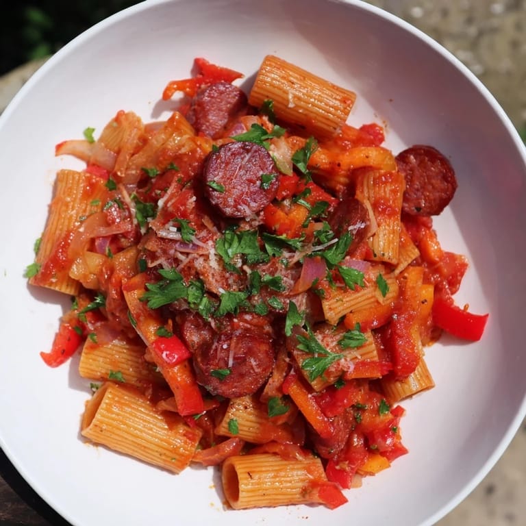 A visually enticing bowl of Spanish chorizo pasta with vibrant tomatoes, perfect for a weeknight dinner.