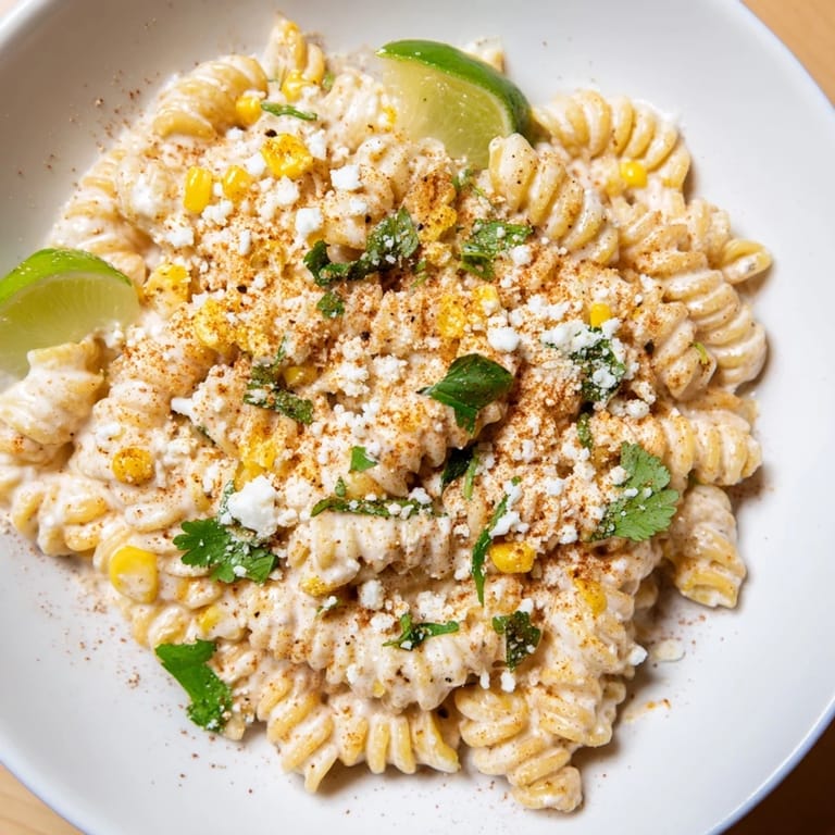 Bright, flavorful Mexican Street Corn Pasta, topped with crumbled cotija cheese and fresh cilantro.