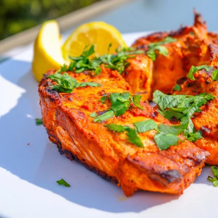 A close-up of beautifully roasted Indian Tikka Salmon, showcasing the crispy edges and tender insides.