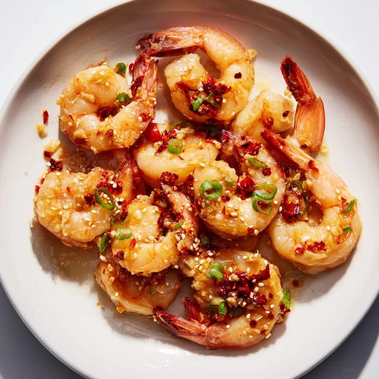 Close-up of succulent Korean Garlic Butter Shrimp, glistening with a rich, savory sauce.