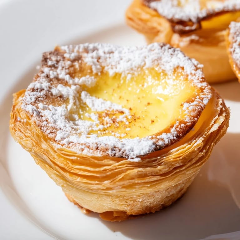 A close-up view of perfectly baked Portuguese Egg Tarts dusted with cinnamon and powdered sugar.