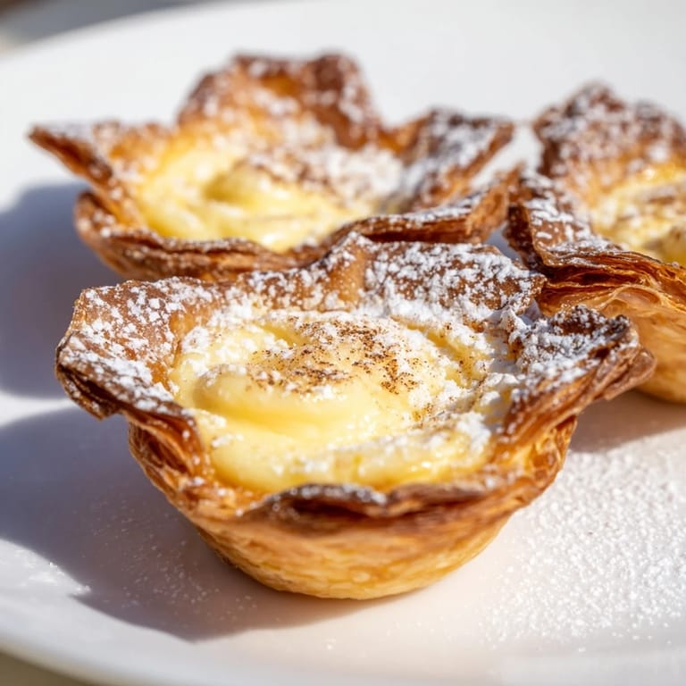 Irresistible shot of flaky phyllo cups brimming with the classic Portuguese Egg Tart's luscious custard.