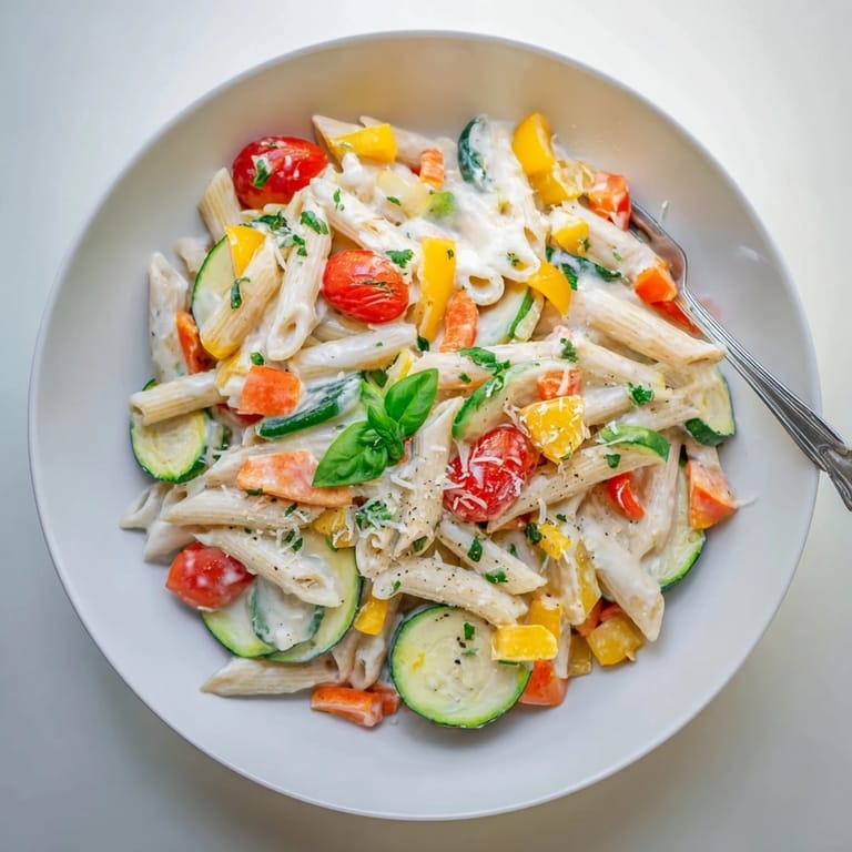 One-Pot Creamy Pasta Primavera in a white bowl, with al dente pasta and vegetables in a rich sauce.