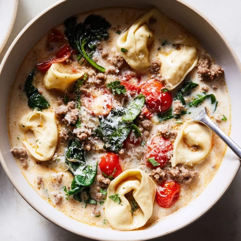 Tortellini Beef Soup features savory ground beef and tender tortellini swimming in a rich, creamy broth with halved cherry tomatoes and fresh spinach.