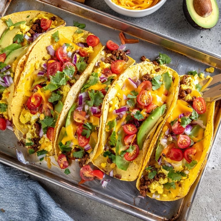 Sheet Pan Breakfast Tacos filled with avocado slices and crumbled bacon on a white plate.