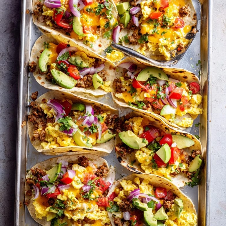 A rustic wood tray holding Sheet Pan Breakfast Tacos topped with cilantro and spicy salsa.