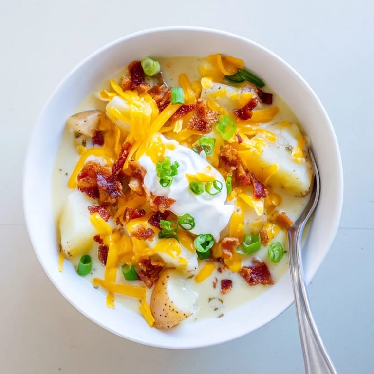 Hearty Loaded Baked Potato Soup served in a rustic bowl, topped with savory bacon and cheese.