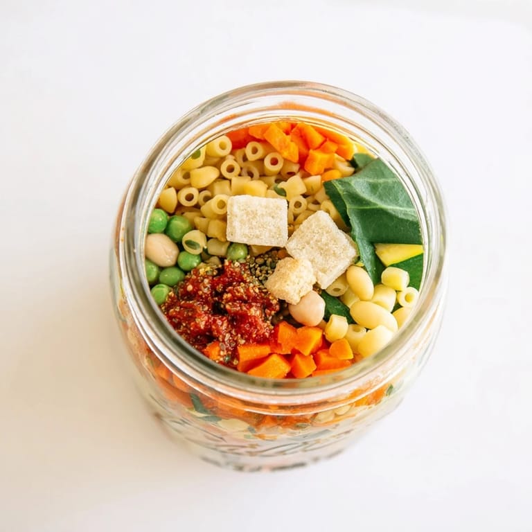 Inside a clear mason jar, colorful Minestrone Soup layers feature green peas, spinach, and hearty tomato-paste infused broth ingredients.