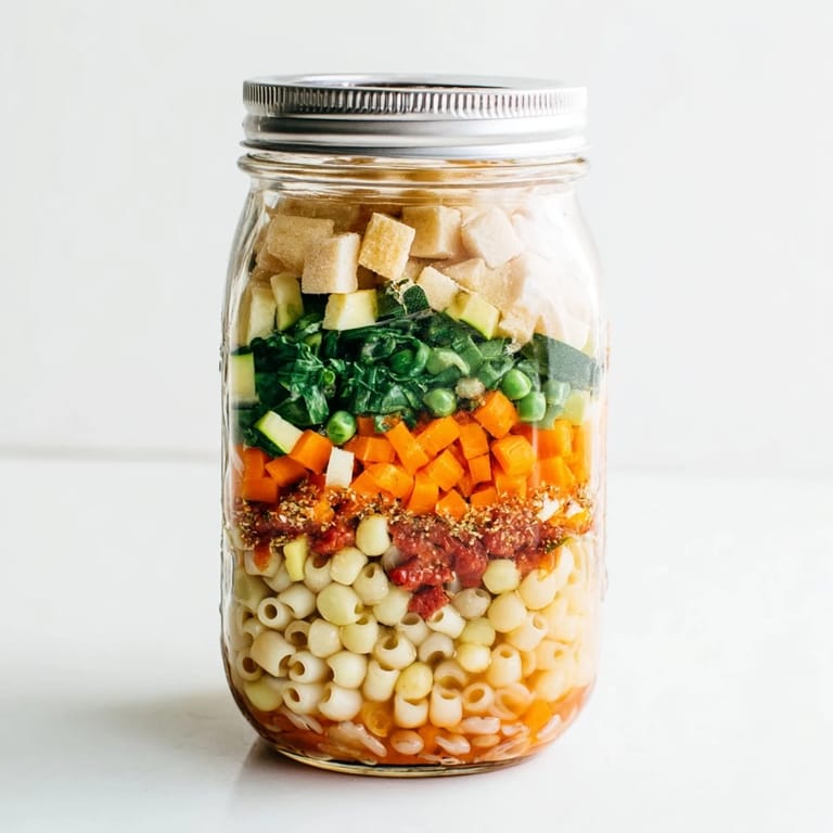 Hearty Minestrone Soup in Jar displays sun-dried tomatoes and white beans stacked for an easy, grab-and-go vegetarian dinner.