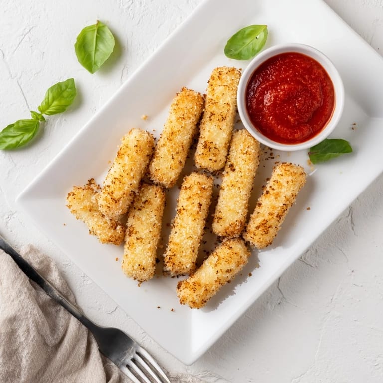 Air fryer mozzarella sticks on a plate beside a small bowl of warm marinara sauce.
