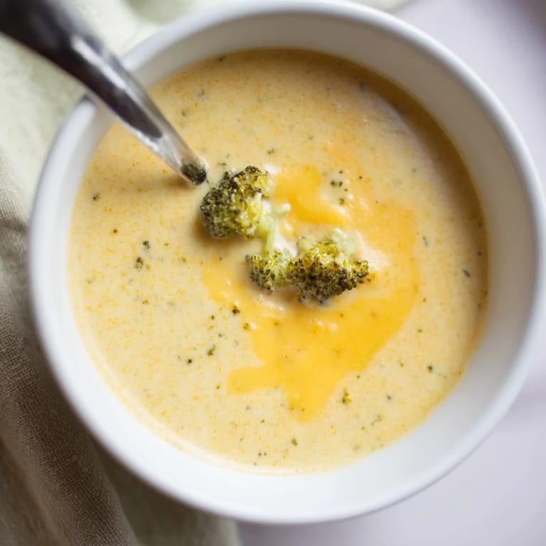 Roasted broccoli florets and grated cheddar cheese arranged beside a warm, comforting bowl of creamy broccoli cheddar soup on a rustic table.