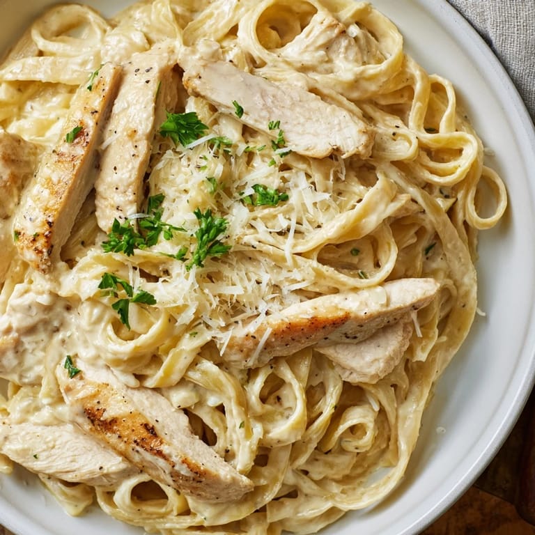Sizzling Skillet Chicken Alfredo served hot from the pan, featuring al dente pasta and juicy chicken in a velvety Parmesan cream sauce.