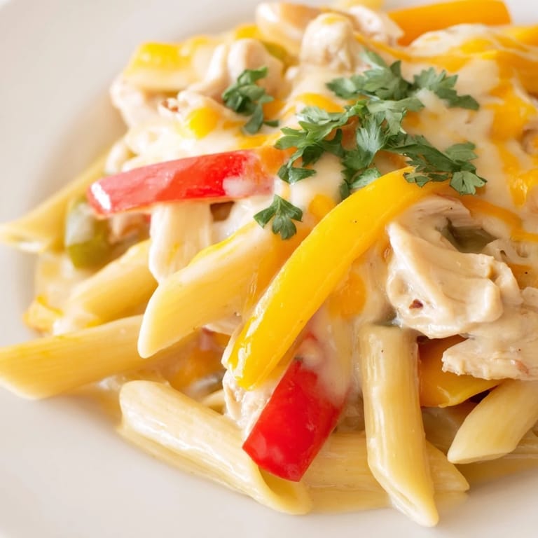 Cheesy Chicken Fajita Pasta Skillet with sautéed red, yellow, and green peppers, onions, and tender pasta in a creamy Tex-Mex sauce.