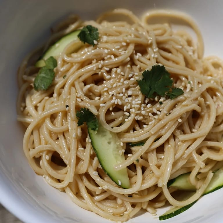 Chilled Spicy Sesame Noodle Salad served with fresh cilantro, scallions, and sesame seeds, ideal for a refreshing light lunch.