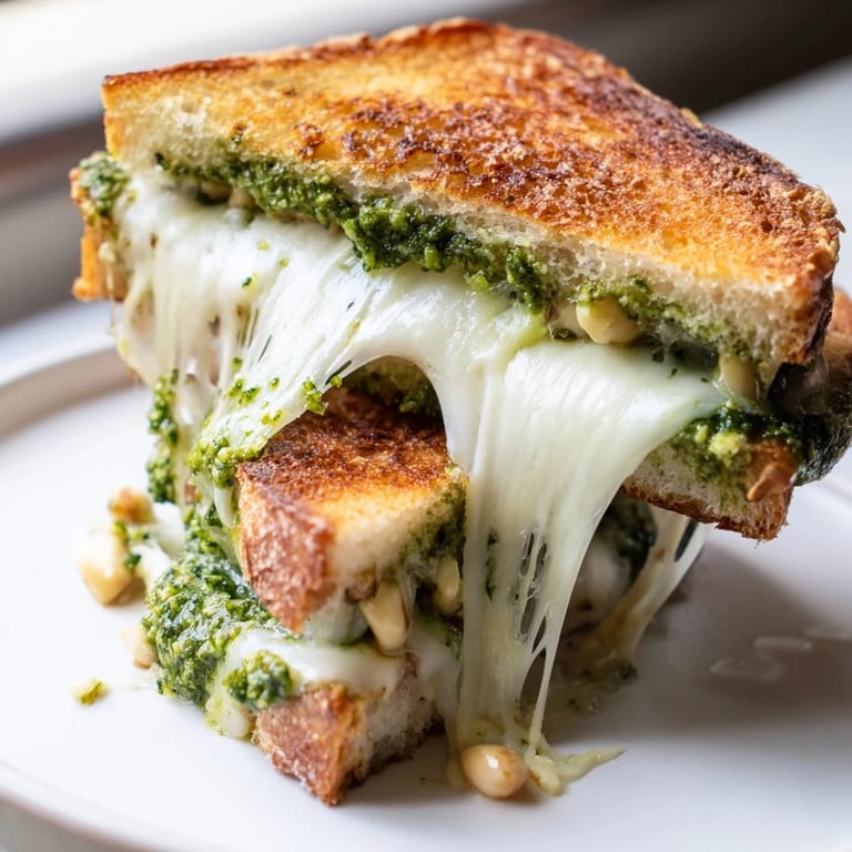 Warm Spinach Pesto Grilled Cheese slices with basil pesto and melted cheese, served beside a green salad.