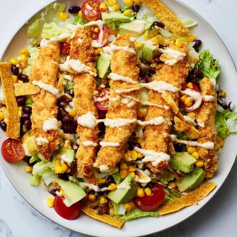 A plated Crispy Chicken Taco Salad features crunchy tortilla strips and shredded cheddar, offering a fresh, Tex-Mex-inspired lunch or dinner option.