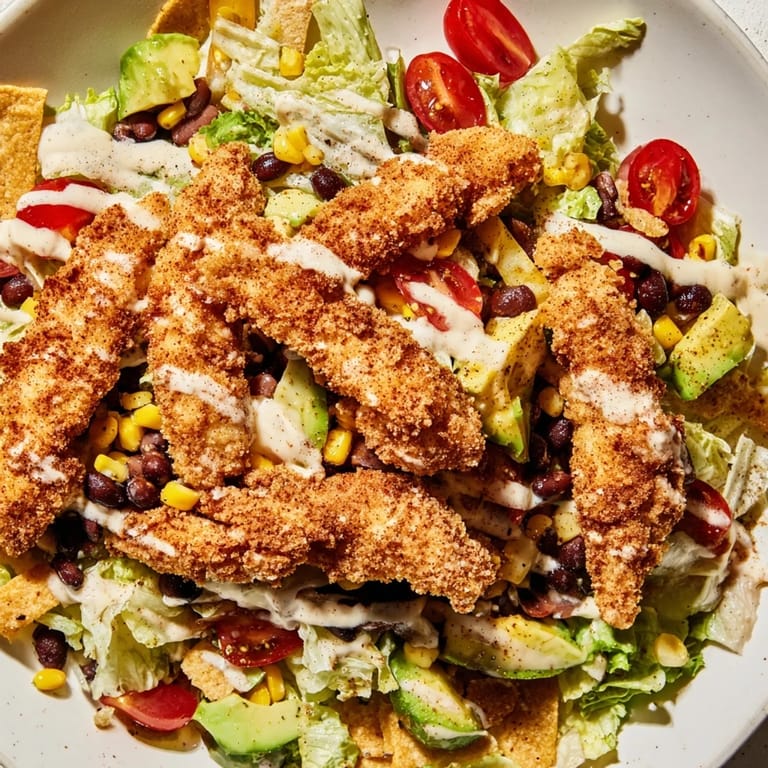 Close-up view of a Crispy Chicken Taco Salad showing juicy chicken, vibrant veggies, and a generous pour of zesty salsa ranch dressing.
