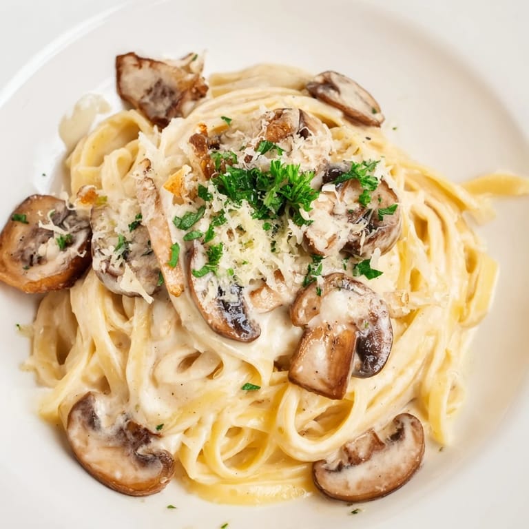 Golden sautéed cremini mushrooms and garlic folded into creamy mushroom Alfredo fettuccine for a rich vegetarian dinner.  